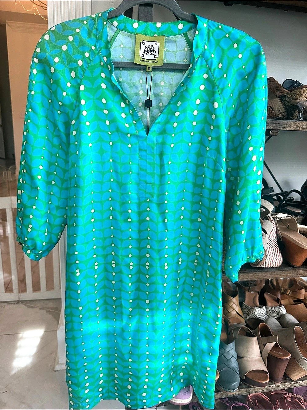 Elizabeth McKay Silk Geometric Dress  in Blue & Green Silk Size 0 NWT
